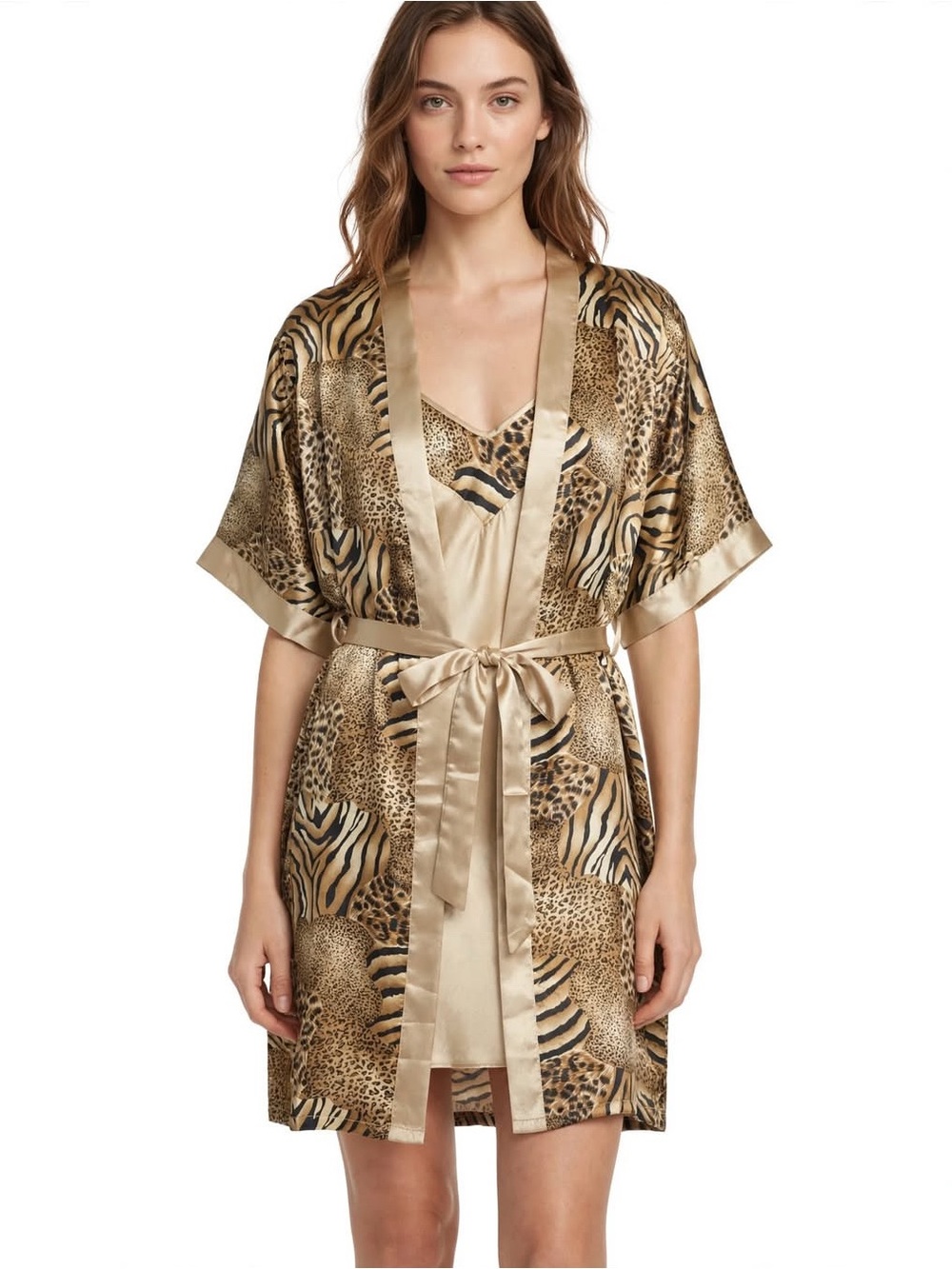 Grace Gold Satin Slip Chemise with Leopard Trim